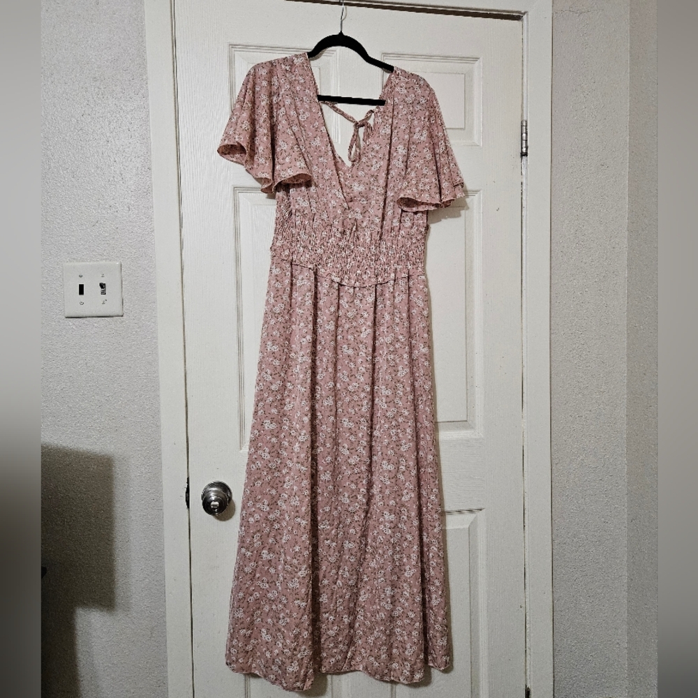 Ditsy Floral Flutter Sleeve Shirred Waist Tie Backless Dress - Size 14 (1XL)
